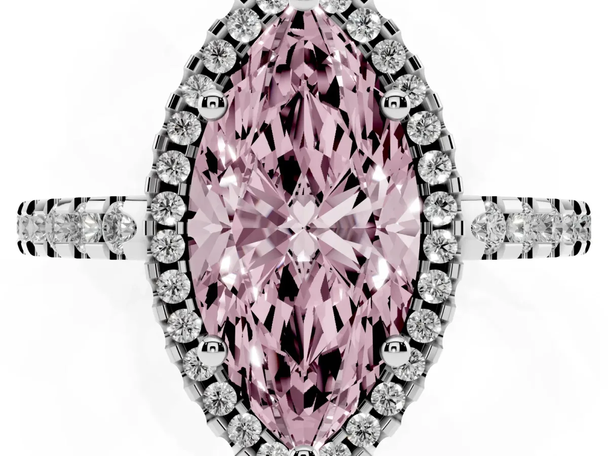Fancy Pink Marquise Cut Diamond Halo Engagement Ring with Pavé Band and Prong Setting Platinum