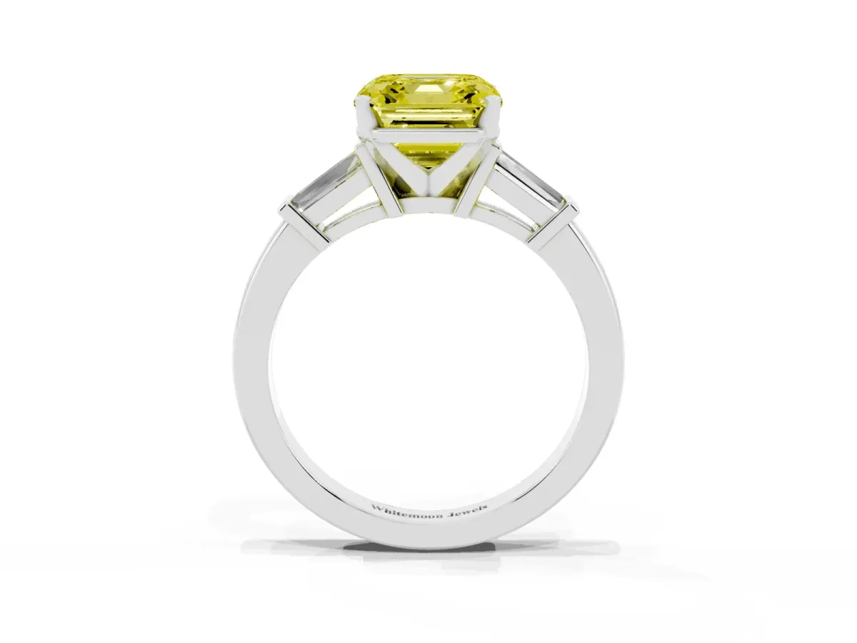 Fancy Yellow Asscher Cut Cut Diamond Solitaire Ring with Tapered Baguette Accents and Four-Prong Setting Platinum