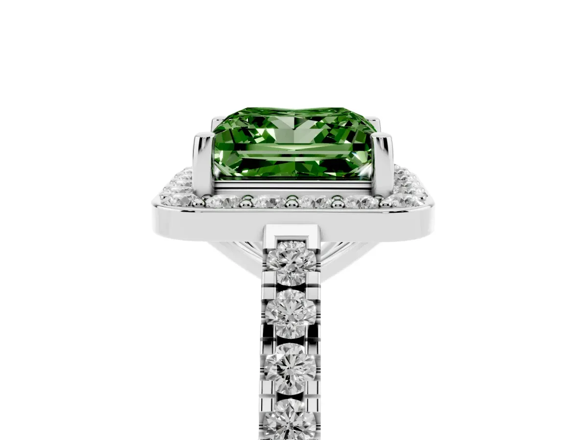 Fancy Green Princess Cut Diamond Halo Ring with Round Pavé Split Shank and Prong Setting White gold