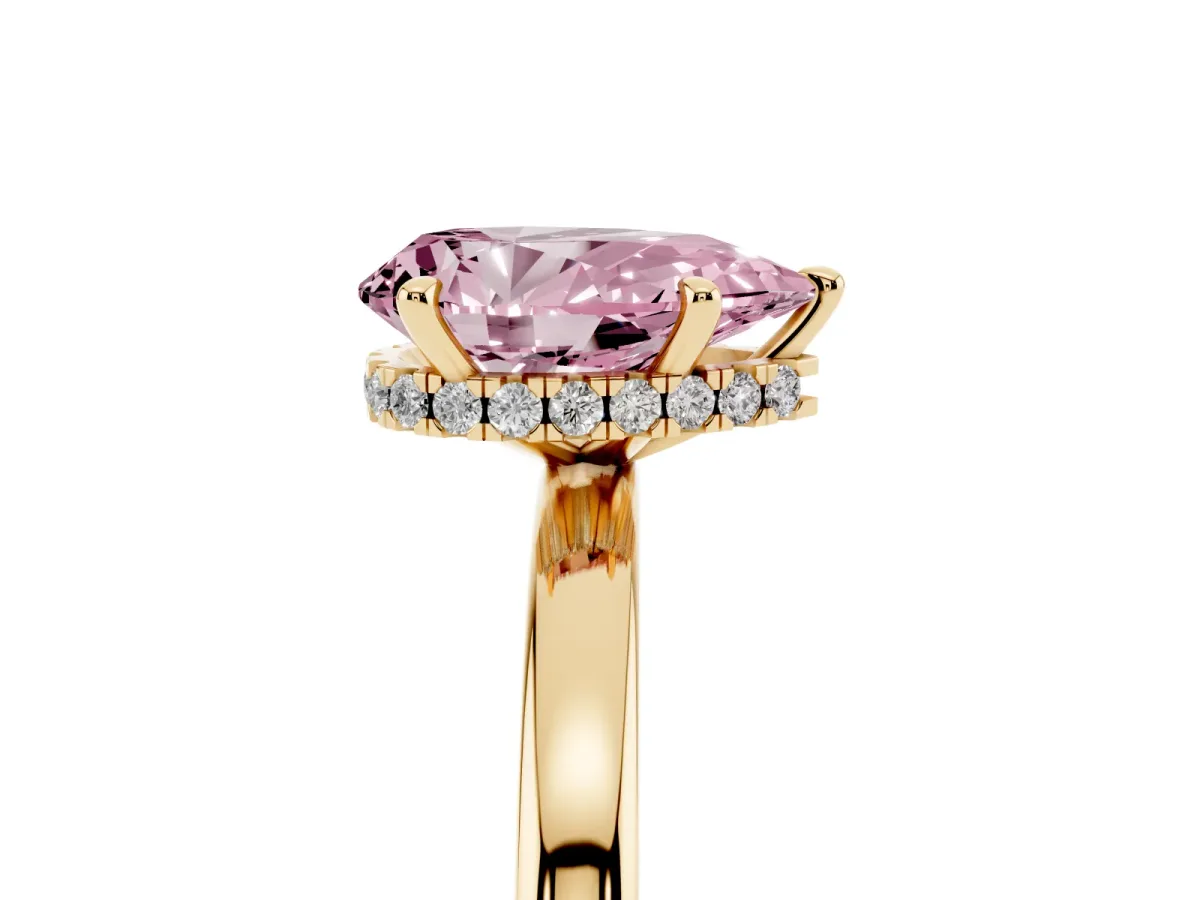Fancy Pink Pear Cut Solitaire Engagement Ring with Cathedral Band and Four-Prong Setting Yellow gold
