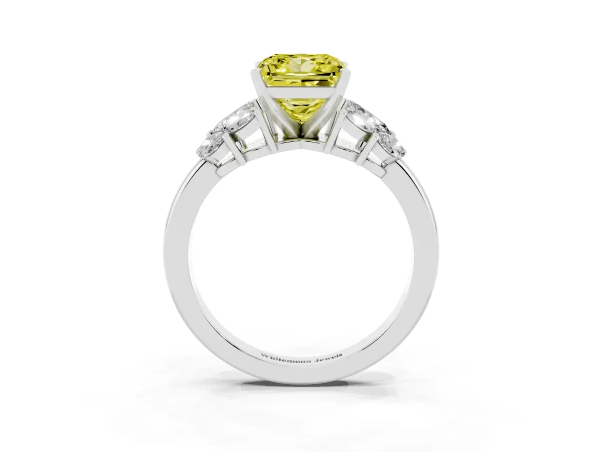 Fancy Yellow Princess Cut Diamond Cluster Leaf Design Ring with Prong Setting Silver