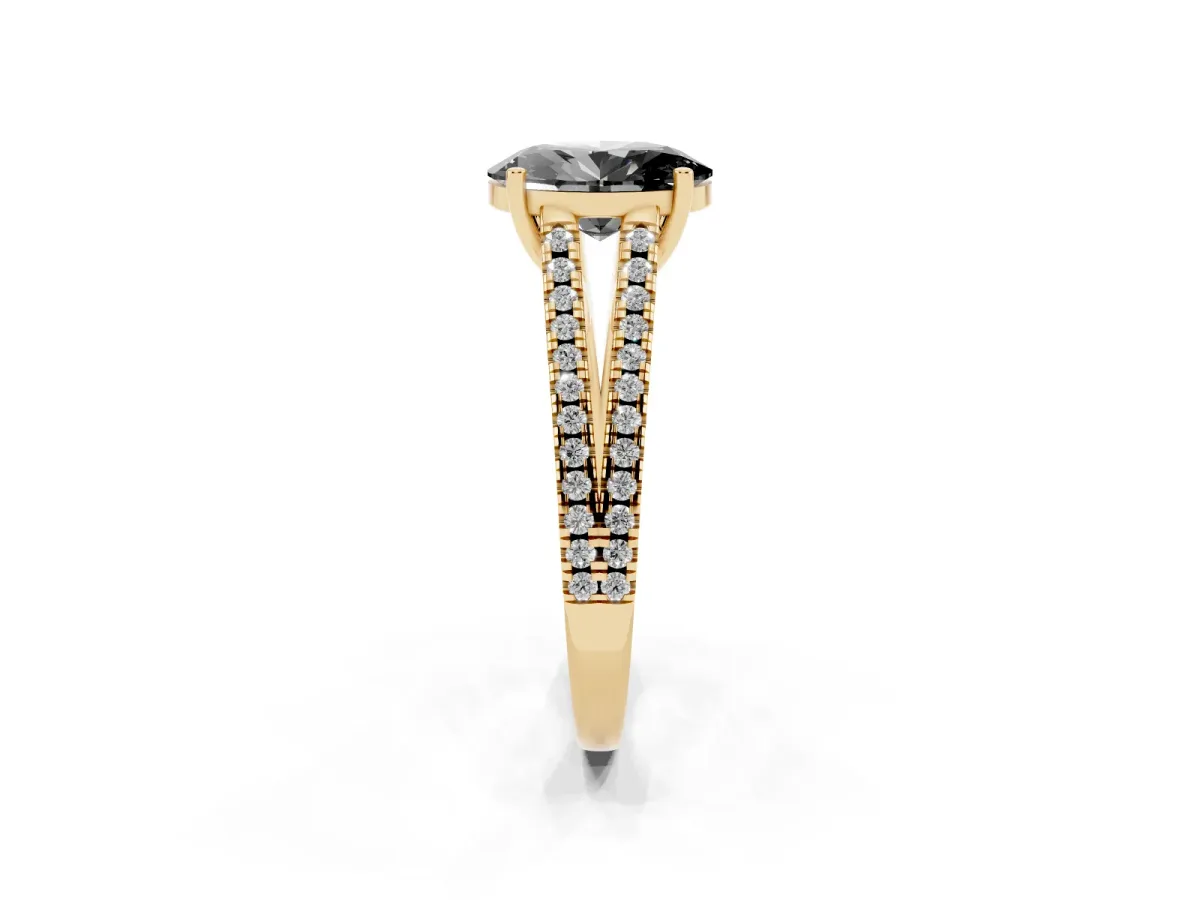 Fancy Black Oval Cut Diamond Solitaire Engagement Ring with Split Shank Pavé Band Yellow gold
