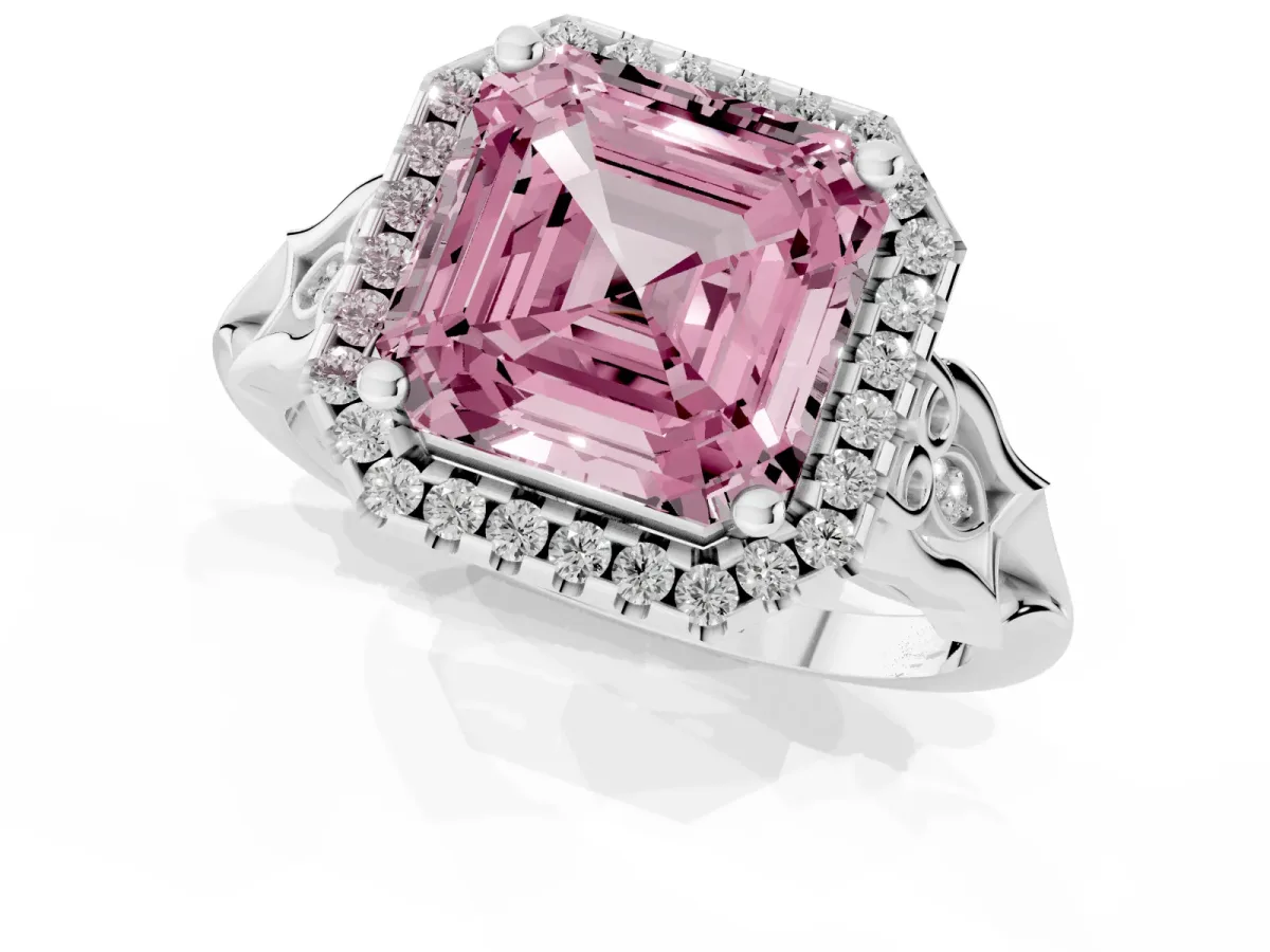 Fancy Pink Asscher Cut Halo Diamond Engagement Ring with Filigree Band and Four-Prong Setting Platinum