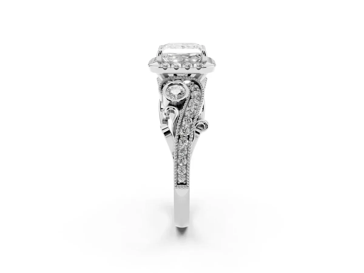 Princess Cut Diamond Halo Ring with Milgrain Pavé Band and Four-Prong Setting Silver