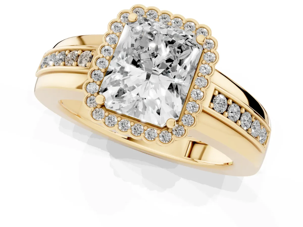 Radiant Cut Cut Halo Pave Band Four-Prong Ring Yellow gold