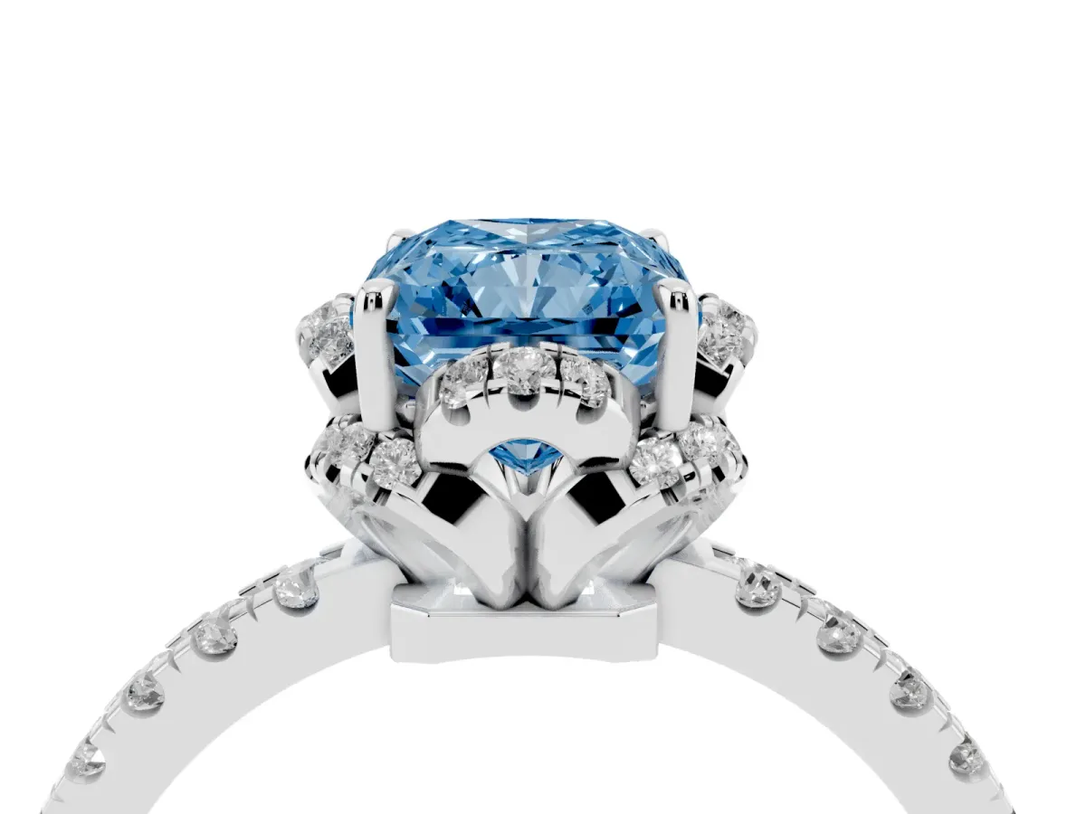 Fancy Blue Radiant Cut Halo Diamond Pave Band Ring with Four-Prong Setting Silver