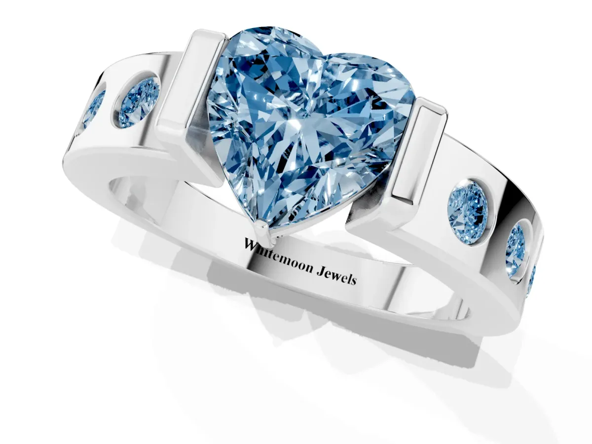 Fancy Blue Heart Cut Brilliant Channel-Set Diamond Ring with Bezel Prong Setting Silver