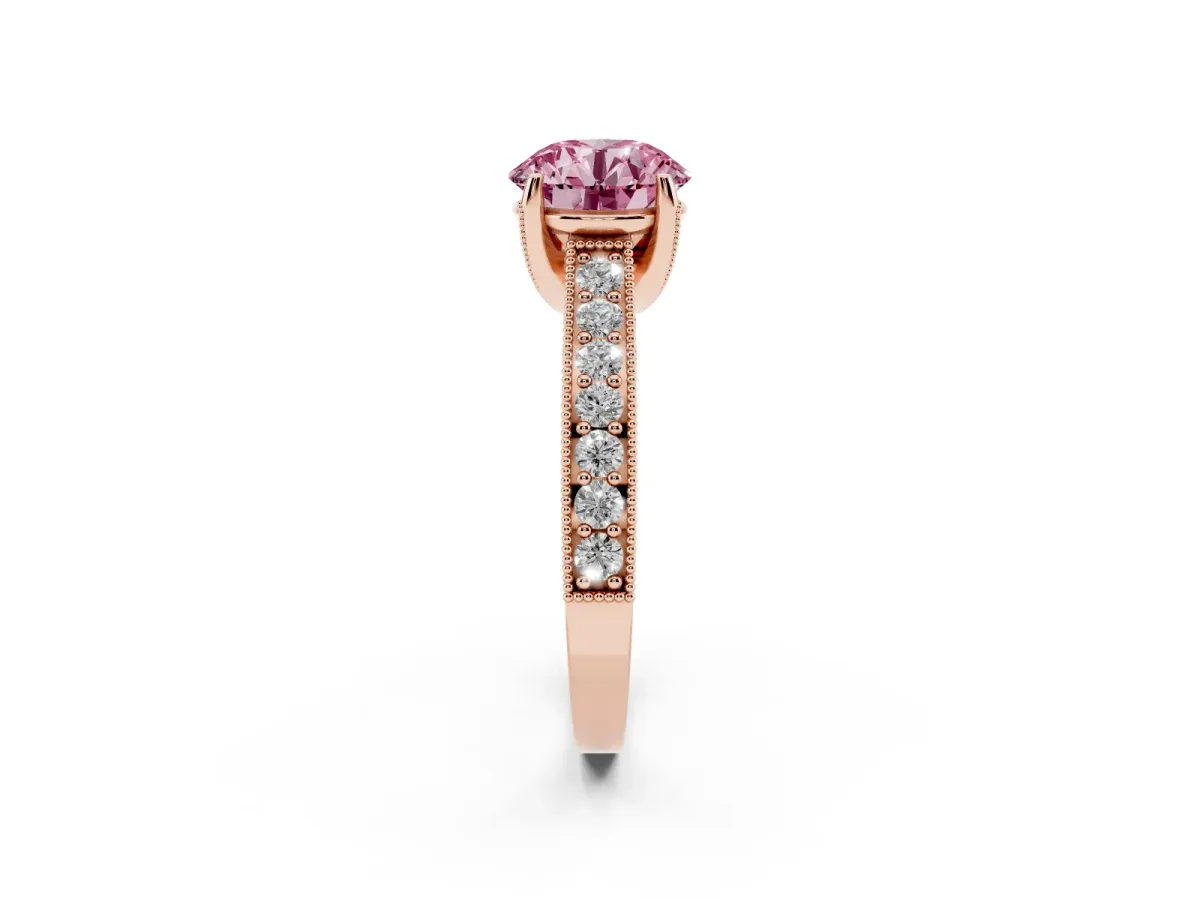 Fancy Pink Round Cut Cut Diamond Solitaire Ring with Milgrain Pave Band and Four Prong Setting Rose gold