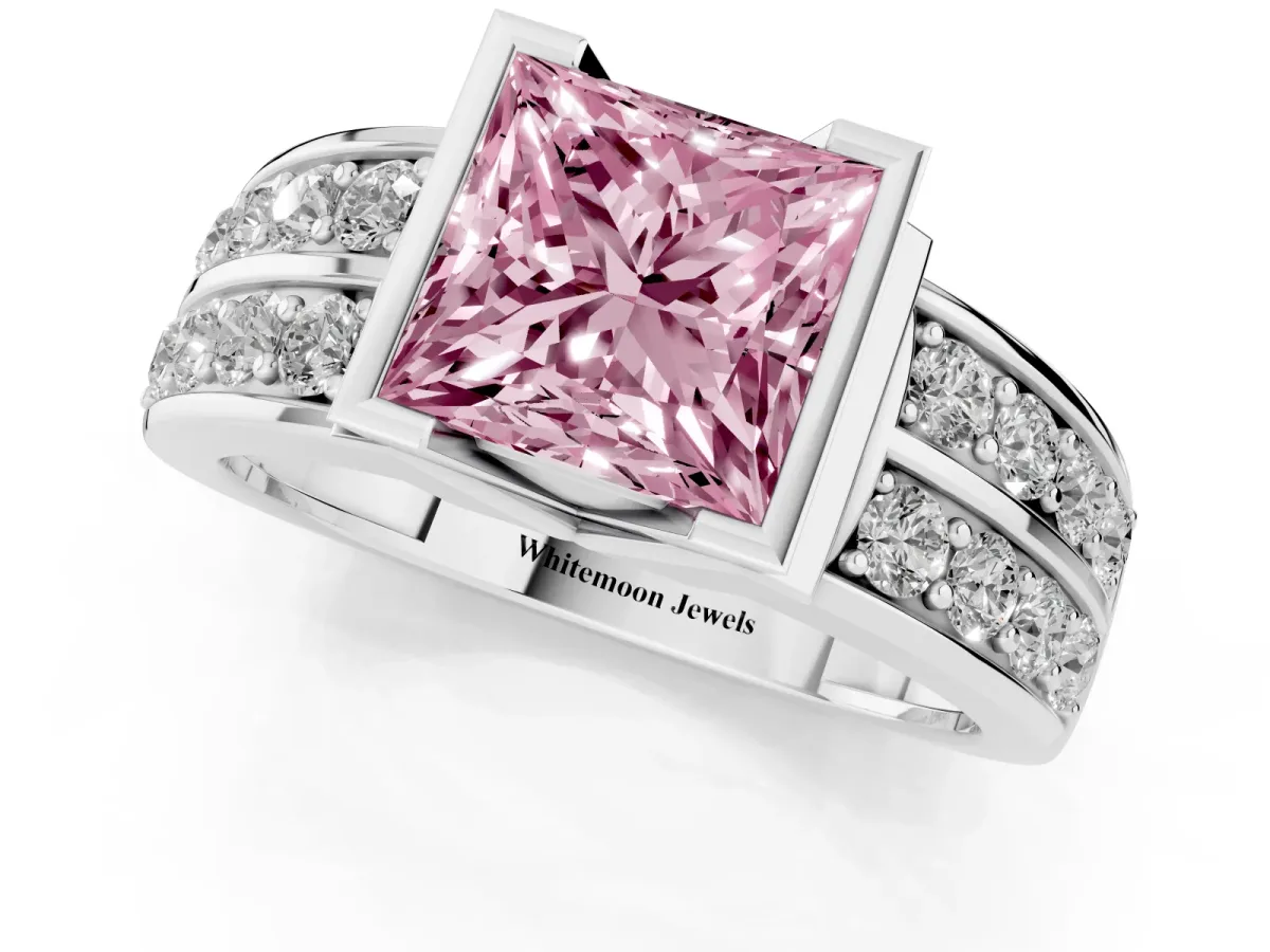 Fancy Pink Princess Cut Brilliant Diamond Channel Set Wide Band Ring with Bezel Setting Silver