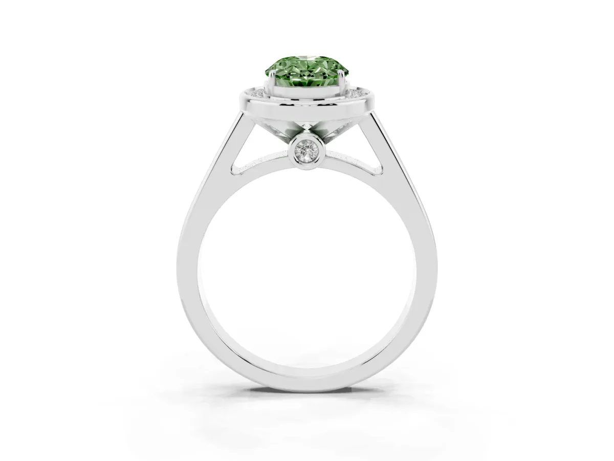 Fancy Green Oval Cut Halo Solitaire Diamond Ring with Pave Band and Bezel Setting Silver