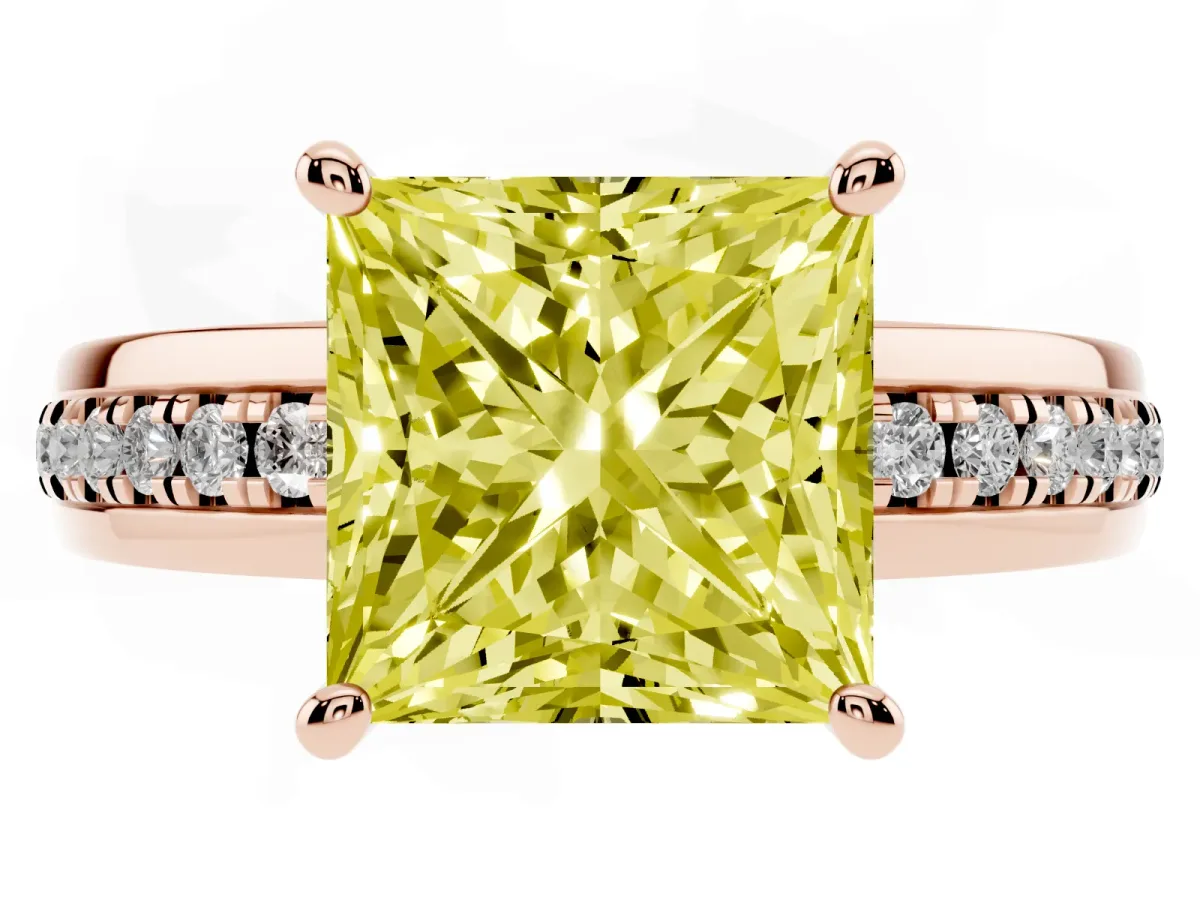 Fancy Yellow Princess Cut Solitaire Diamond Ring with Channel Set Band and Six-Prong Setting Rose gold