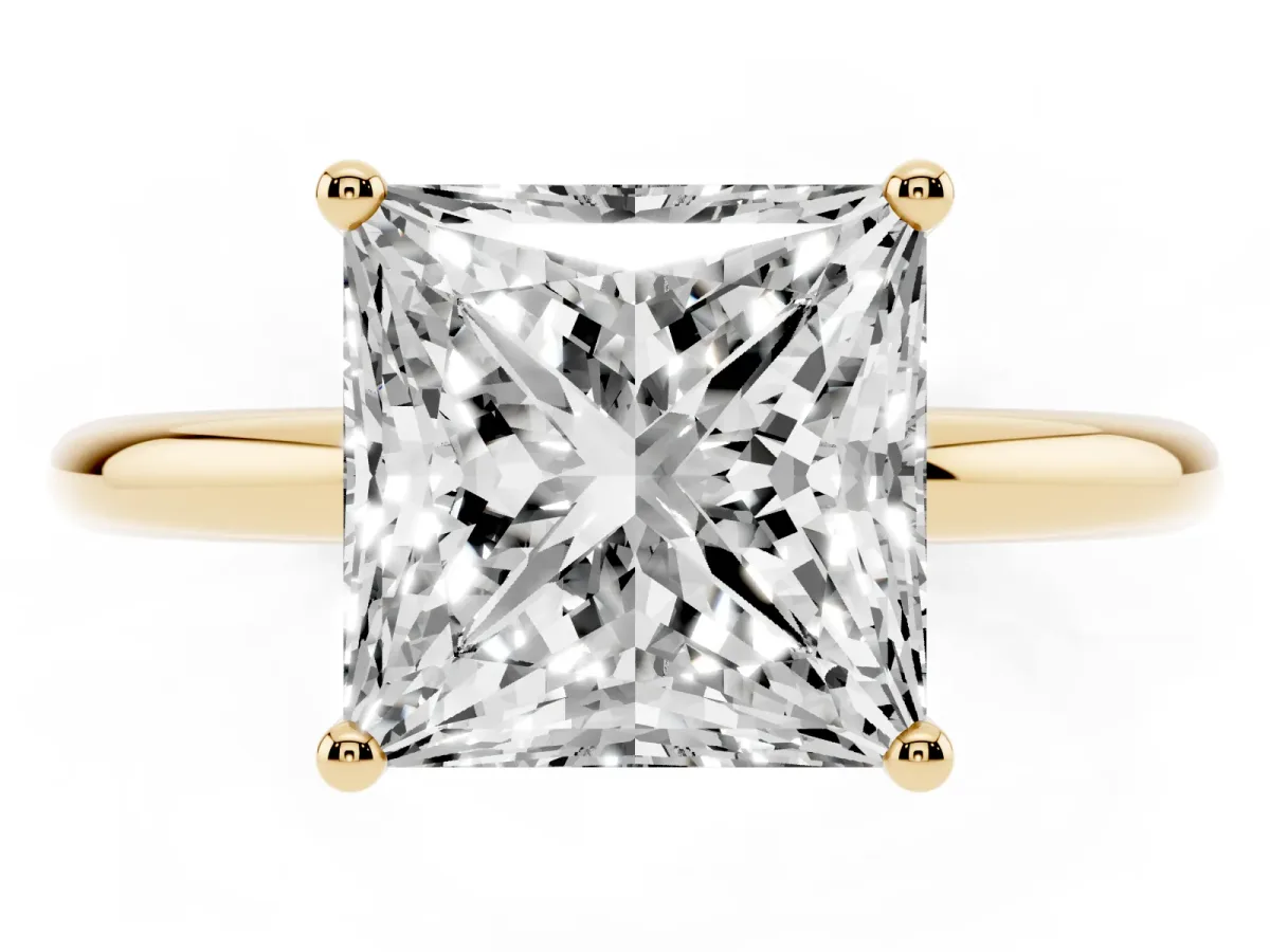 Princess Cut Cut Solitaire Engagement Ring with Four-Prong Setting and Classic Band Yellow gold