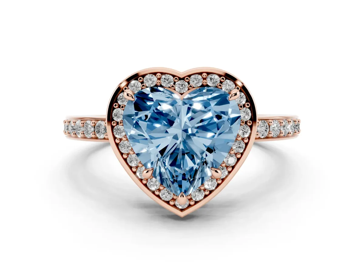 Fancy Blue Heart Cut Halo Pave Band Solitaire Ring with Prong Setting Rose gold