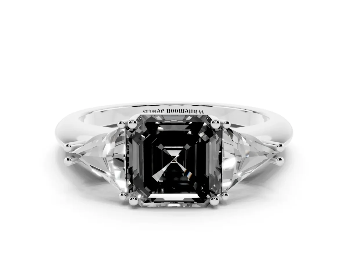 Fancy Black Three-Stone Asscher Cut Diamond Engagement Ring with Trillion Side Stones and Prong Setting Silver
