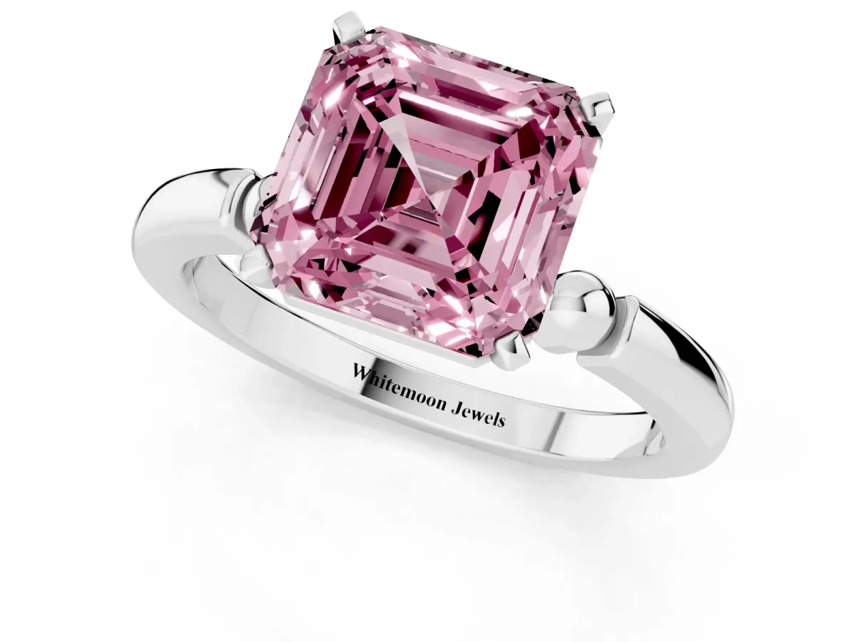 Fancy Pink Asscher Cut Solitaire Beaded Band with Four-Prong Setting Silver