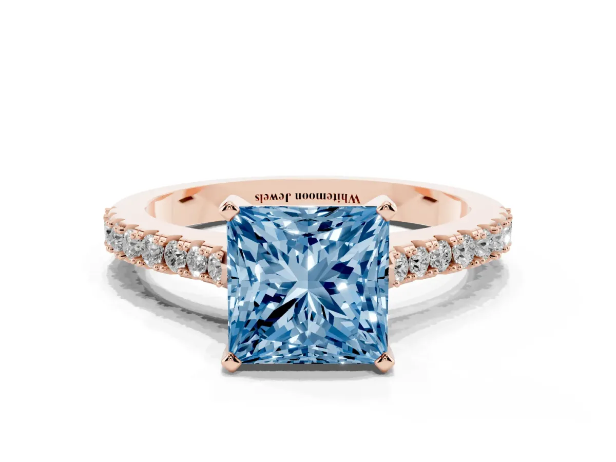 Fancy Blue Princess Cut Cut Solitaire Diamond Engagement Ring with Pave Band and Four-Prong Setting Rose gold