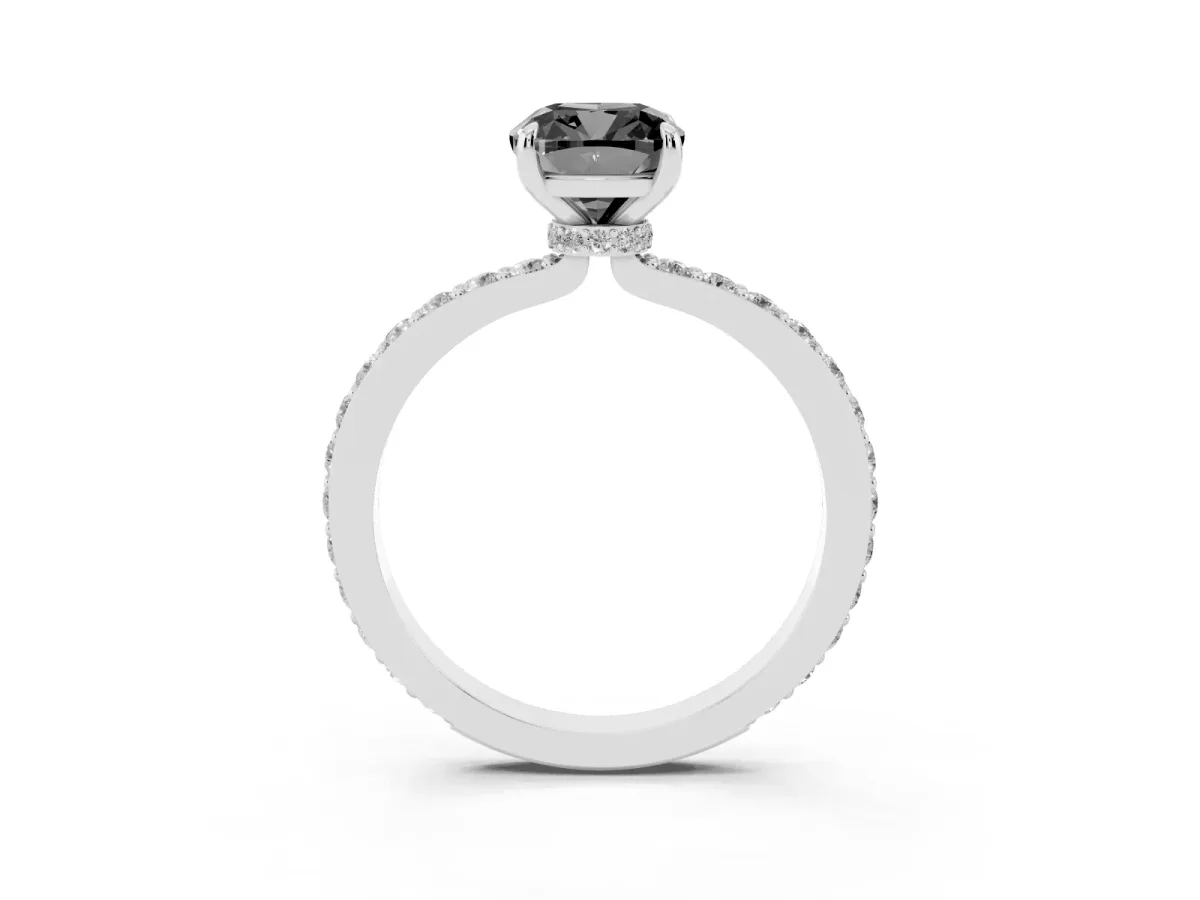 Fancy Black Cushion Cut Diamond Solitaire Engagement Ring with Pavé Band and Four-Prong Setting Silver