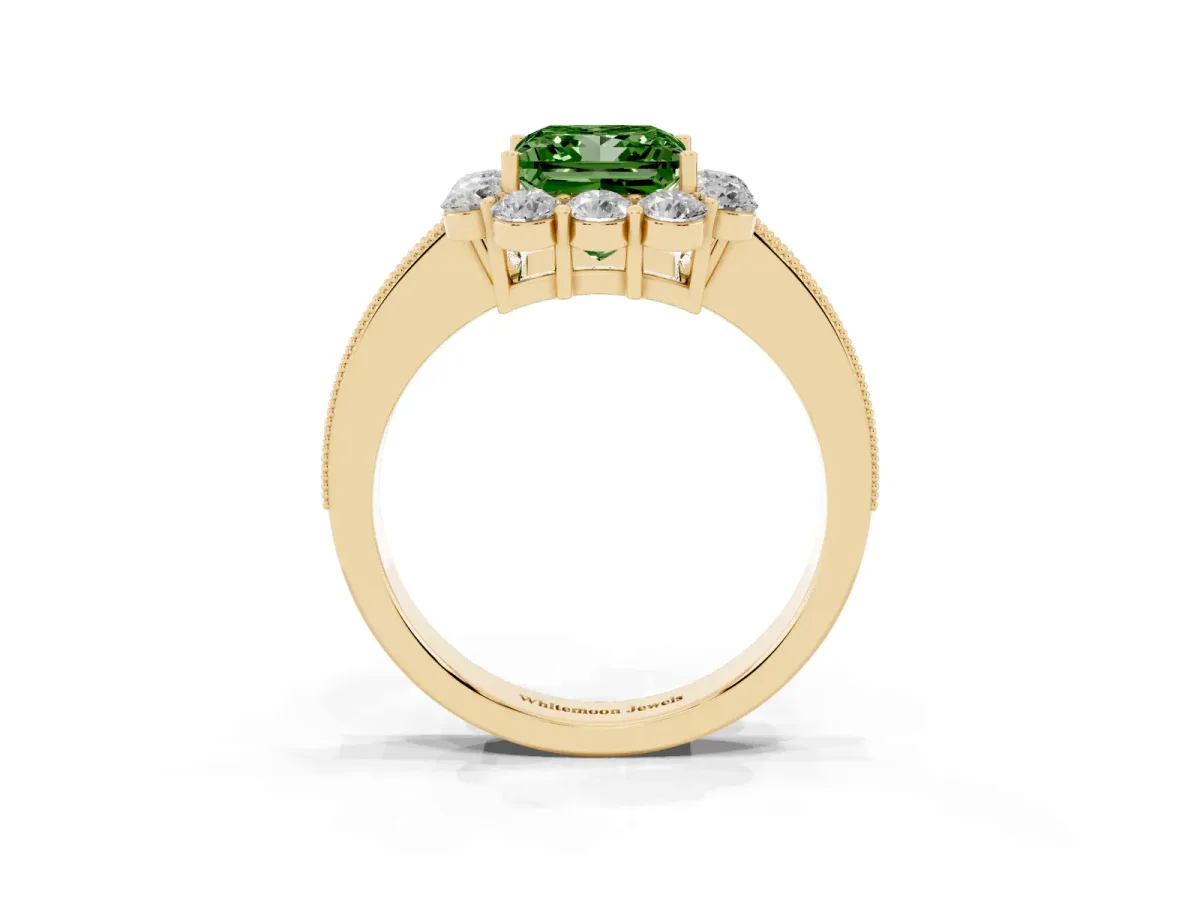 Fancy Green Princess Cut Cut Halo Diamond Pavé Engagement Ring with Milgrain Detailing Yellow gold