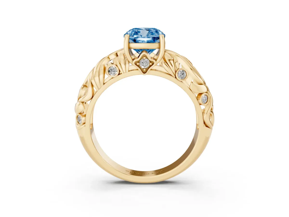 Fancy Blue Cushion Cut Solitaire Diamond Leaf-Inspired Vine Band Ring with Prong Setting Yellow gold
