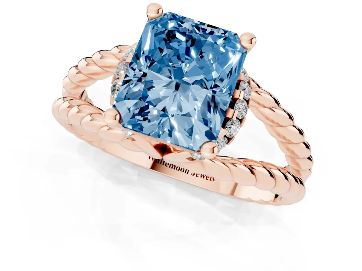 Fancy Blue Radiant Cut Halo Twisted Band Four-Prong Ring Rose gold