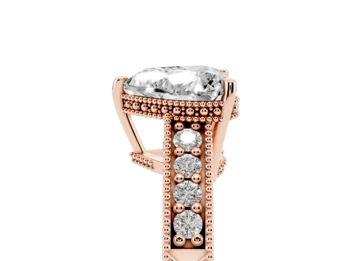 Heart Cut Solitaire Pavé Diamond Milgrain Engagement Ring with Four-Prong Setting Rose gold