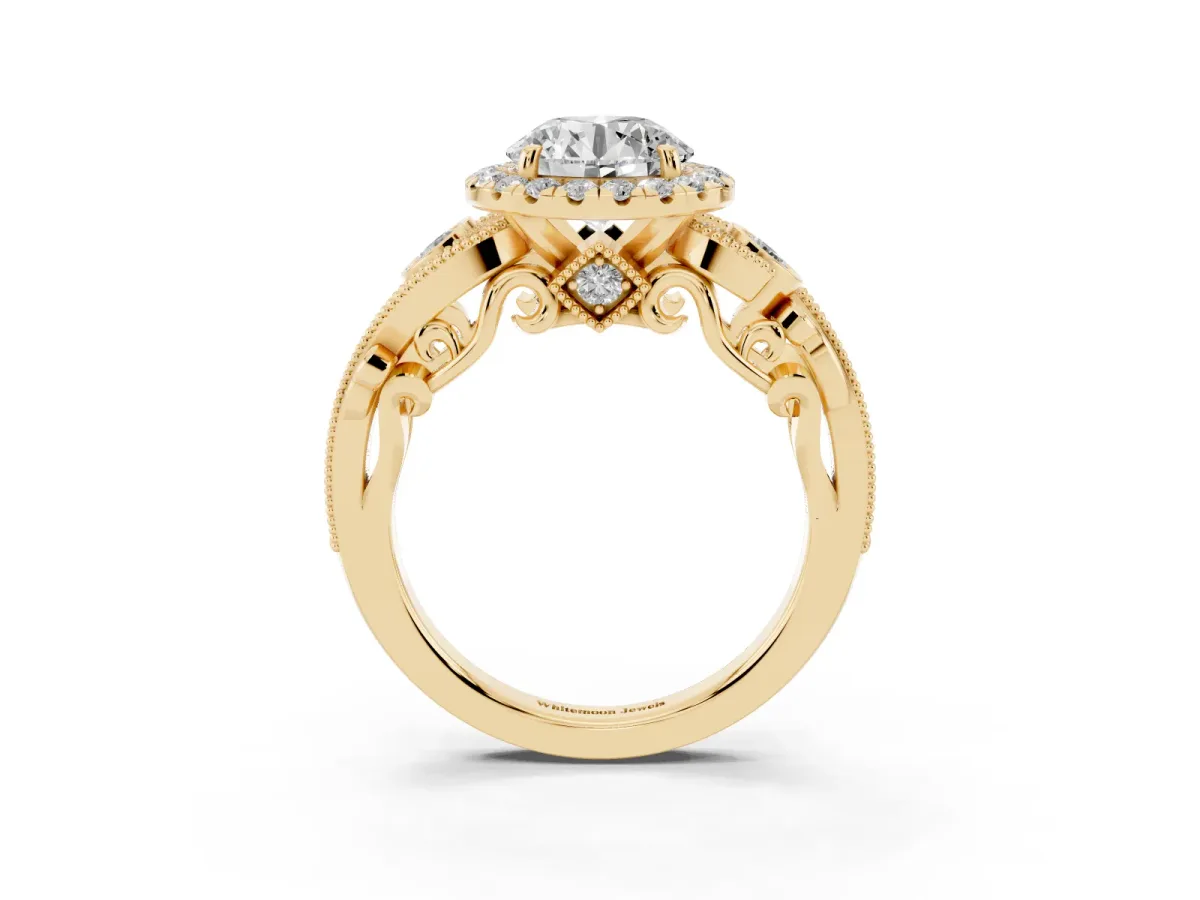 Round Cut Halo Diamond Ring with Milgrain and Bezel Accents on a Split Shank Band Yellow gold