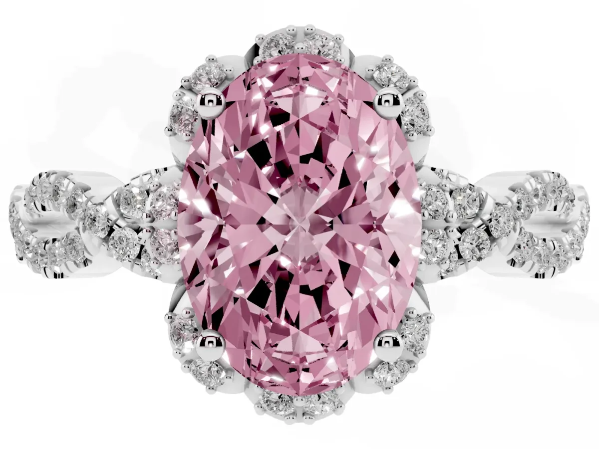 Fancy Pink Oval Cut Halo Twist Band Solitaire Ring with Six-Prong Setting Silver