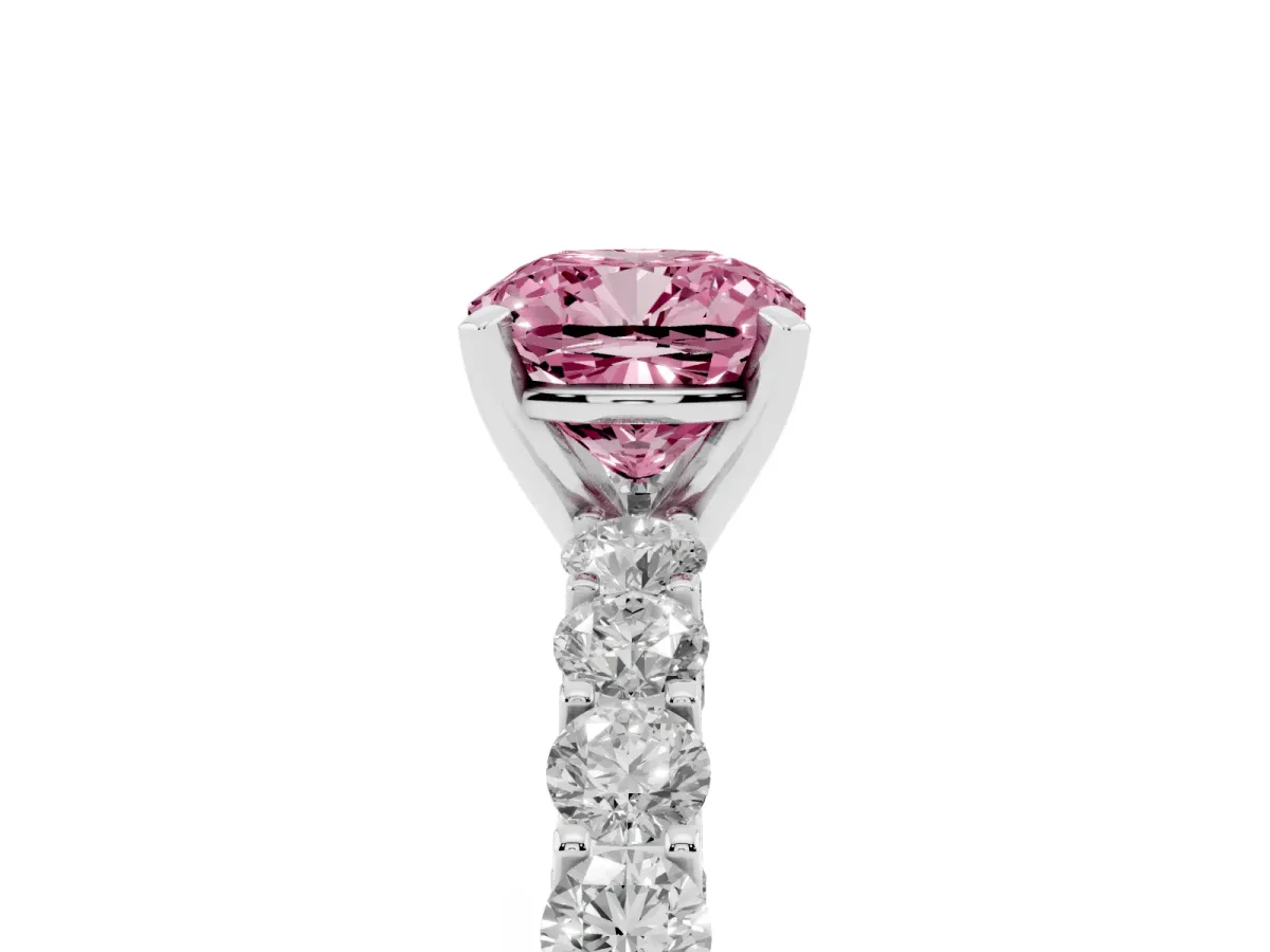 Fancy Pink Cushion Cut Diamond Solitaire Ring with Shared Prong Pavé Band and Four-Prong Setting Silver