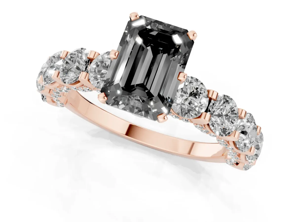 Fancy Black Emerald Cut Diamond Side Stone Engagement Ring with Four-Prong Setting Rose gold