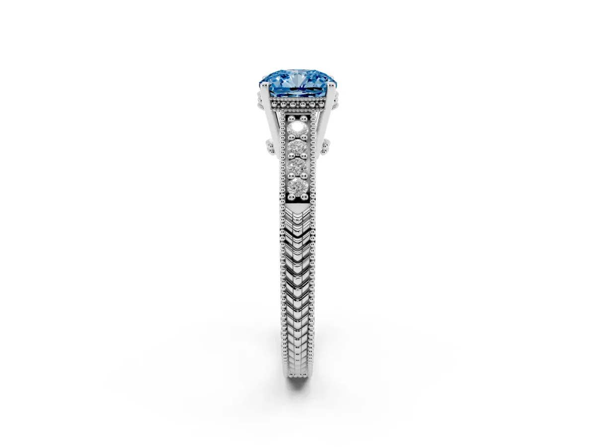 Fancy Blue Cushion Cut Solitaire Pavé Diamond Milgrain Engagement Ring with Four-Prong Setting Silver