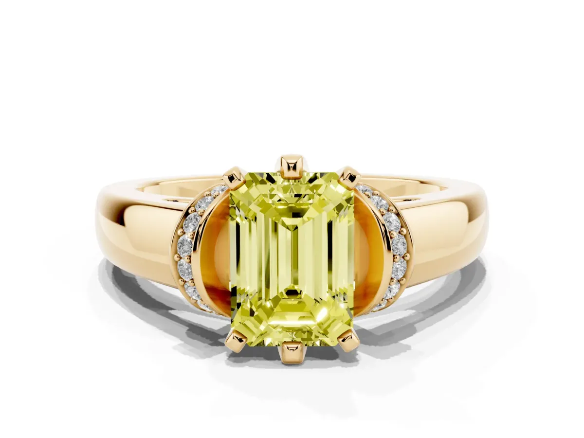 Fancy Yellow Emerald Cut Solitaire Diamond Ring with Pave Band and Six-Prong Setting Yellow gold