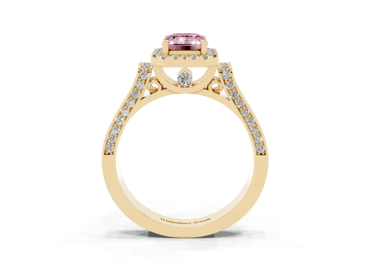 Fancy Pink Emerald Cut Halo Round Diamond Twist Band with Four-Prong Setting Yellow gold