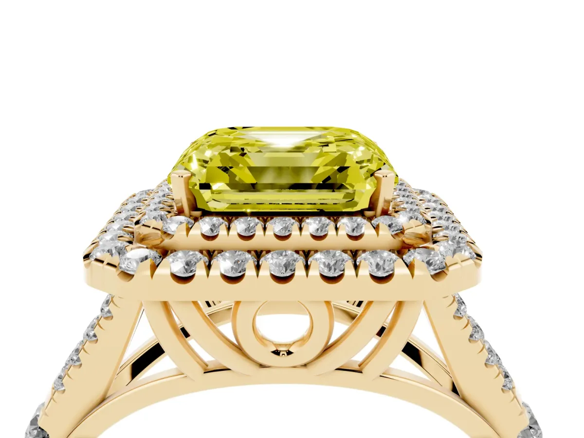 Fancy Yellow Asscher Cut Cut Double Halo Split Shank Diamond Ring with Prong Setting Yellow gold