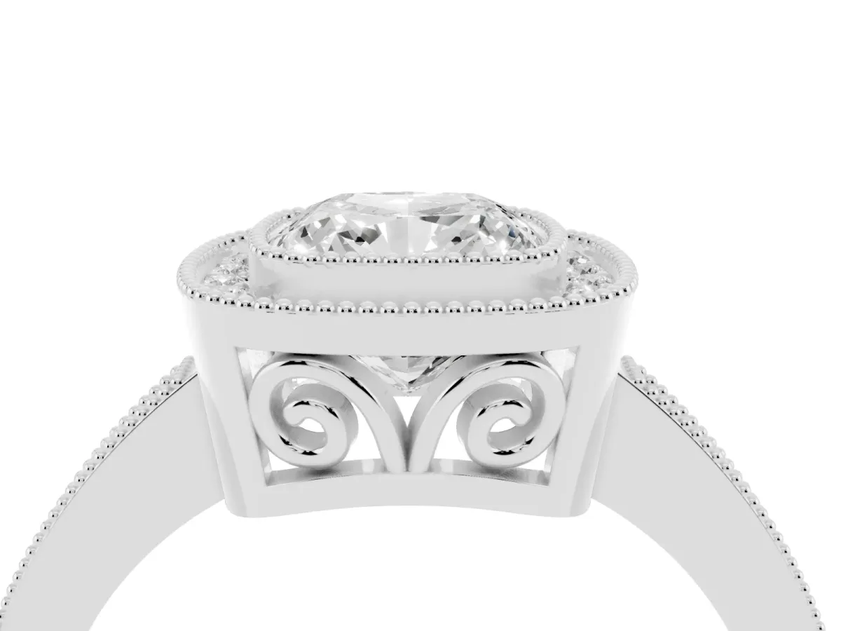 Cushion Cut Cut Halo Diamond Ring with Pavé Band and Milgrain Prong Setting Platinum