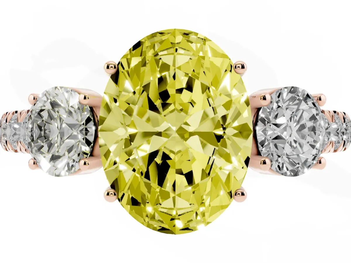 Fancy Yellow Oval Cut Cut Diamond Three-Stone Ring with Round Side Stones and Pavé Band Rose gold