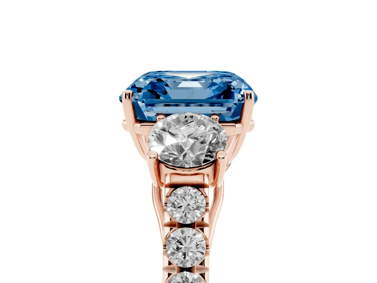 Fancy Blue Asscher Cut Cut Diamond Three-Stone Ring with Round Side Stones and Pavé Band Rose gold