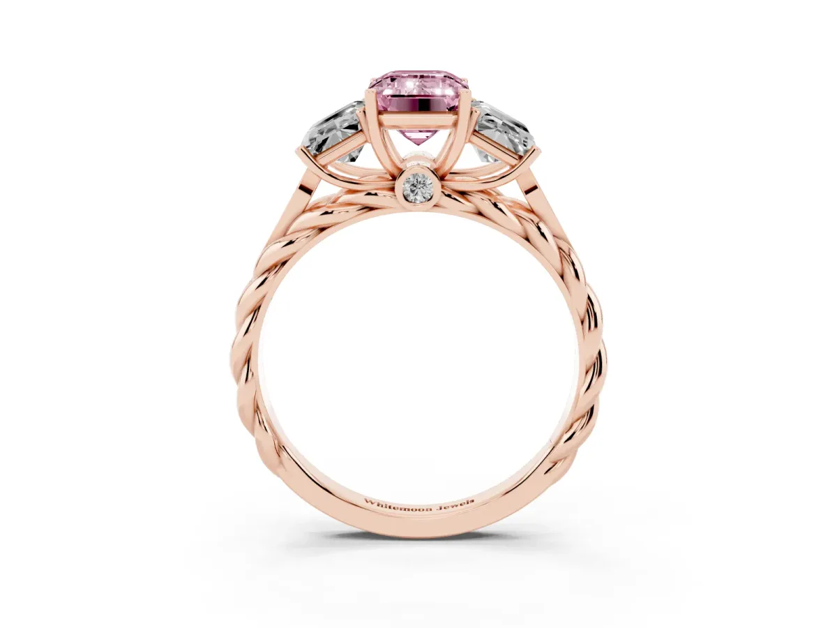 Fancy Pink Three-Stone Emerald Cut Diamond Braided Band Ring with Four-Prong Setting Rose gold