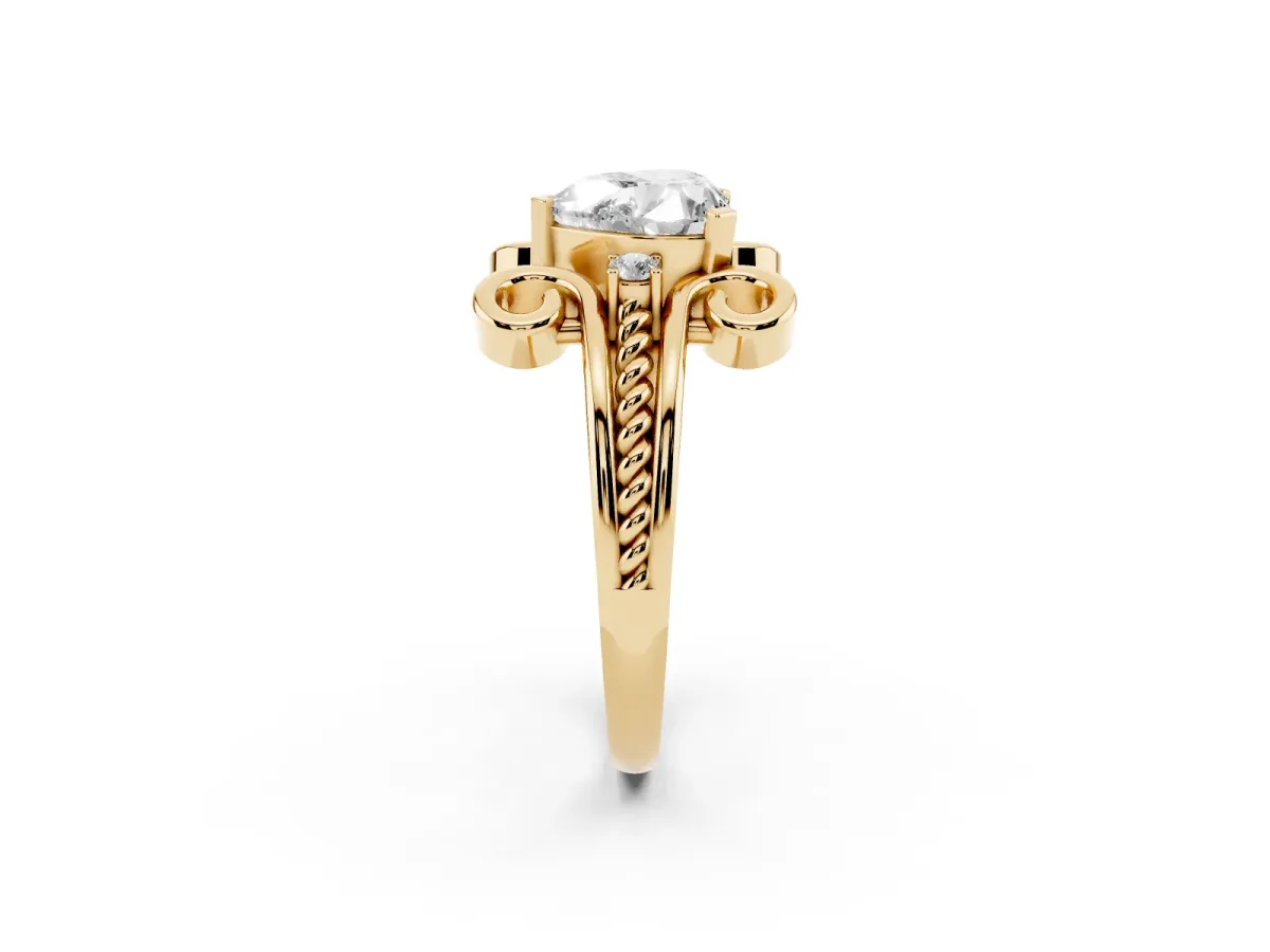 Heart Cut Solitaire Twisted Band Scroll Prong Ring Yellow gold