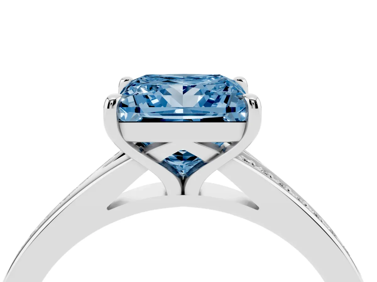 Fancy Blue Princess Cut Diamond Solitaire Ring with Pavé Band and Prong Setting Silver
