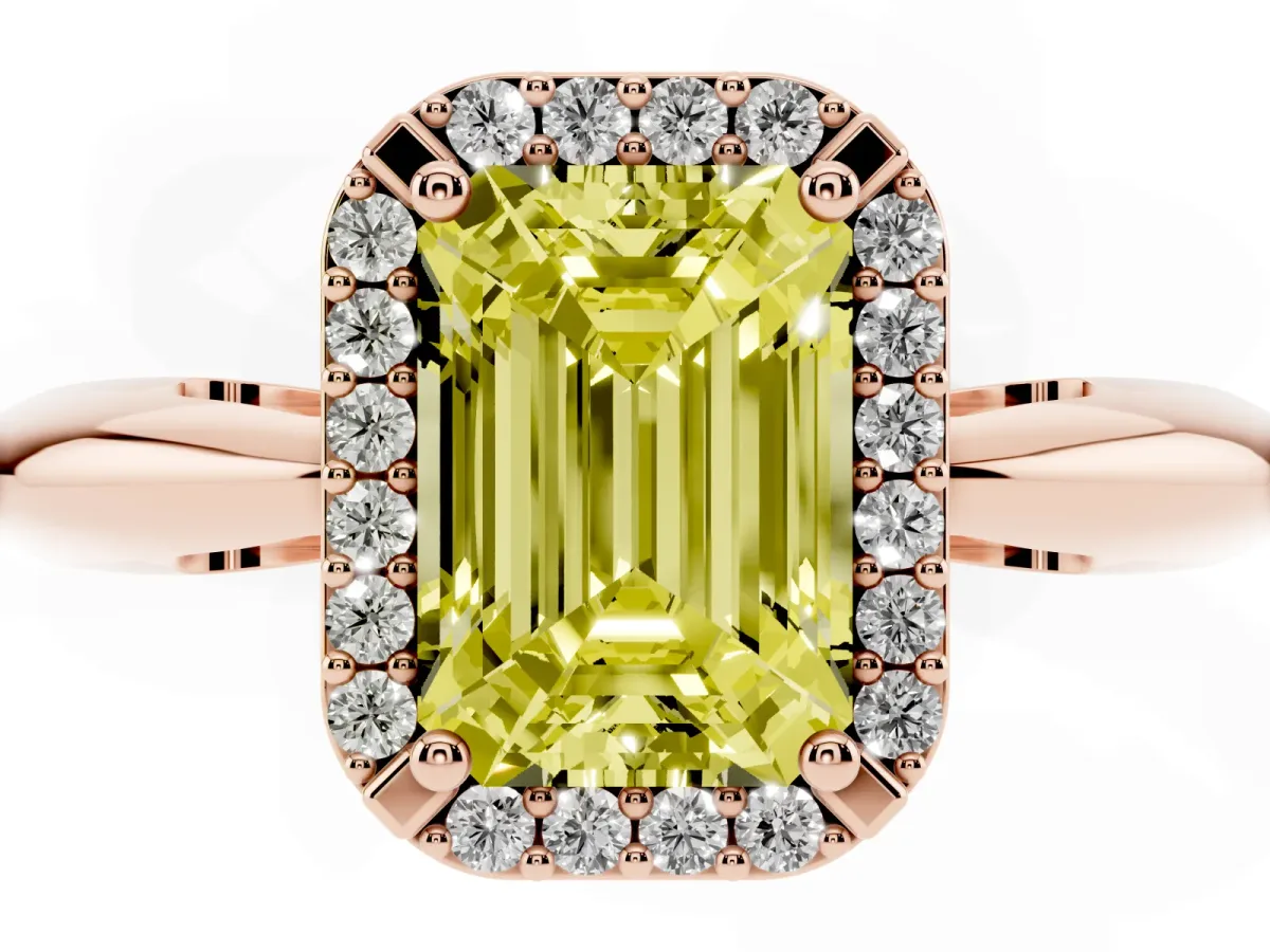 Fancy Yellow Emerald Cut Cut Diamond Halo Engagement Ring with Split Shank and Four-Prong Setting Rose gold