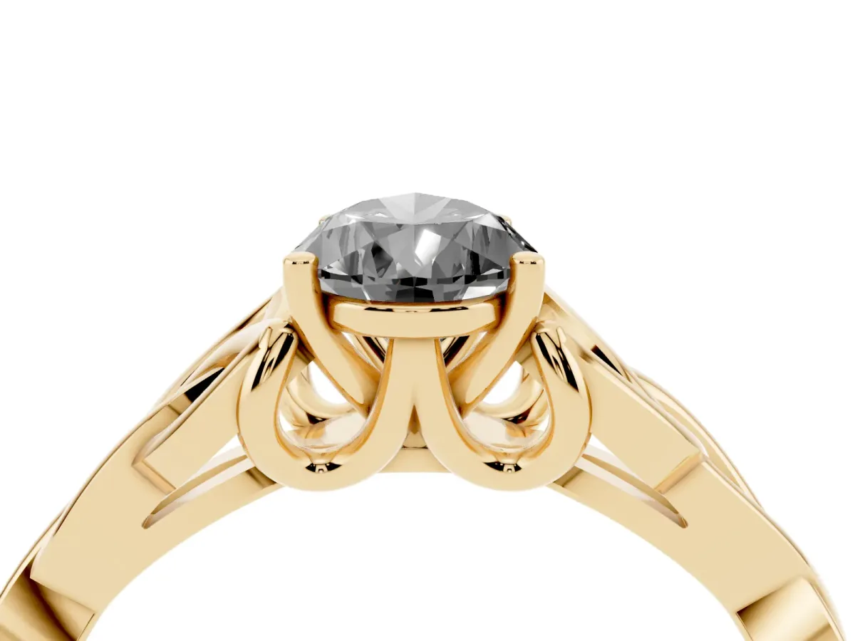 Fancy Black Pear Cut Diamond Solitaire Engagement Ring with Celtic Knot Band and Four-Prong Setting Yellow gold