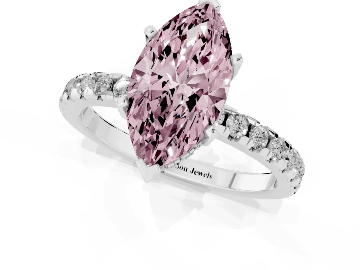 Fancy Pink Marquise Cut Diamond Solitaire Ring with Round Pavé Band and Four-Prong Setting Silver