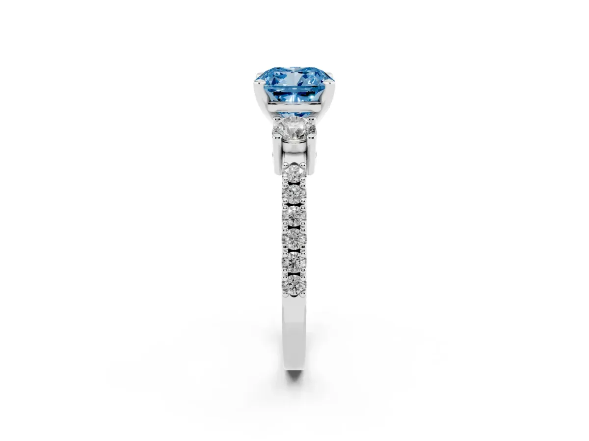 Fancy Blue Cushion Cut Three-Stone Diamond Pavé Band with Prong Setting Platinum