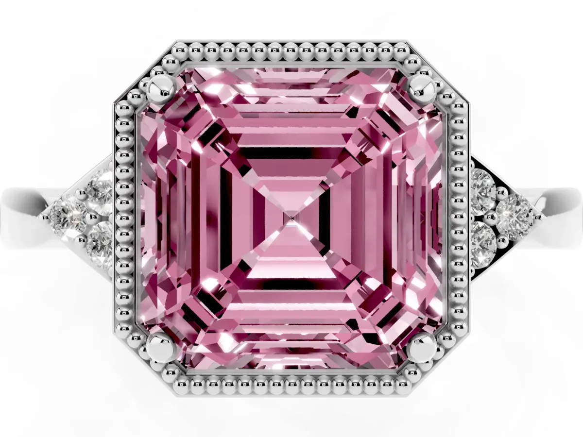 Fancy Pink Asscher Cut Diamond Halo Ring with Tapered Band and Four-Prong Setting Platinum