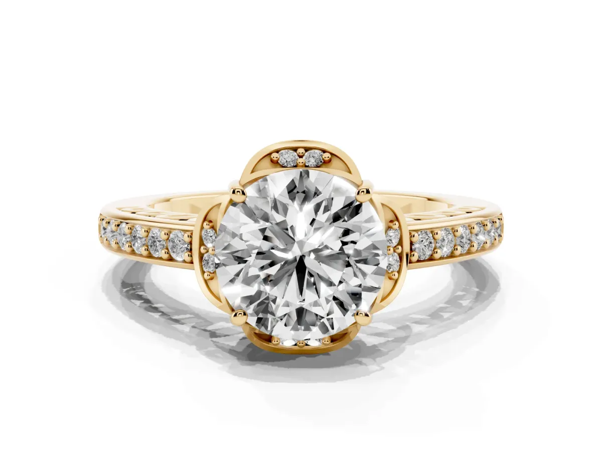Round Cut Cut Halo Diamond Ring with Channel Set Band and Four-Prong Setting Yellow gold