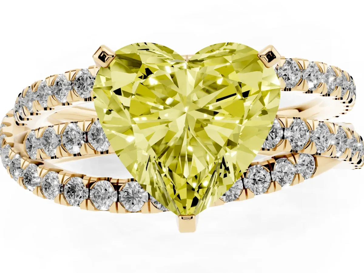 Fancy Yellow Heart Cut Solitaire Twist Band with Pavé Setting and Four-Prong Setting Yellow gold