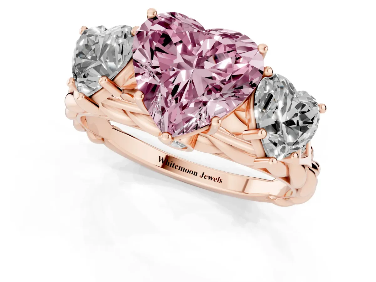 Fancy Pink Three-Stone Heart Cut Diamond Braided Band Ring with Four-Prong Setting Rose gold
