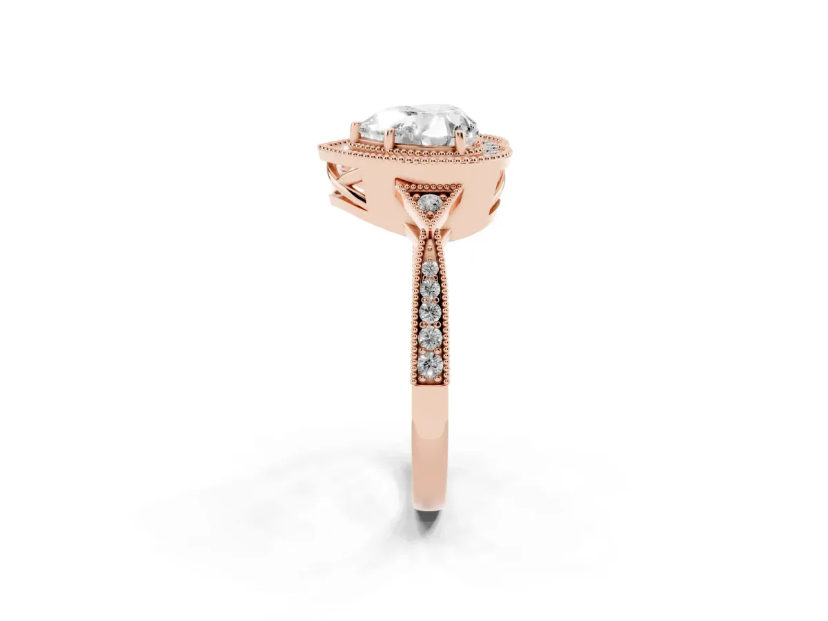 Heart Cut Halo Round Diamond Milgrain Pave Engagement Ring Rose gold