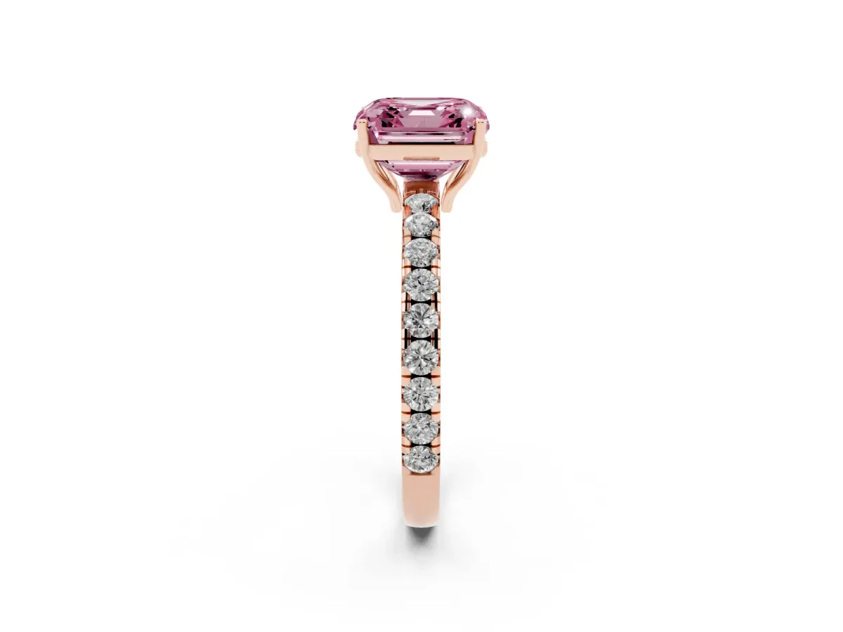 Fancy Pink Asscher Cut Diamond Pavé Solitaire Engagement Ring with Four-Prong Setting Rose gold