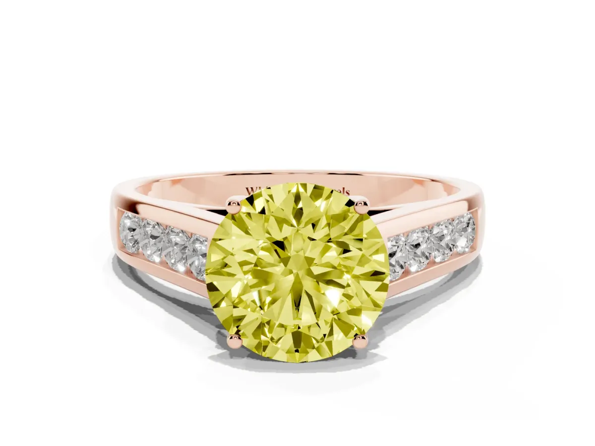 Fancy Yellow Round Cut Brilliant Channel-Set Solitaire Ring with Four-Prong Setting Rose gold